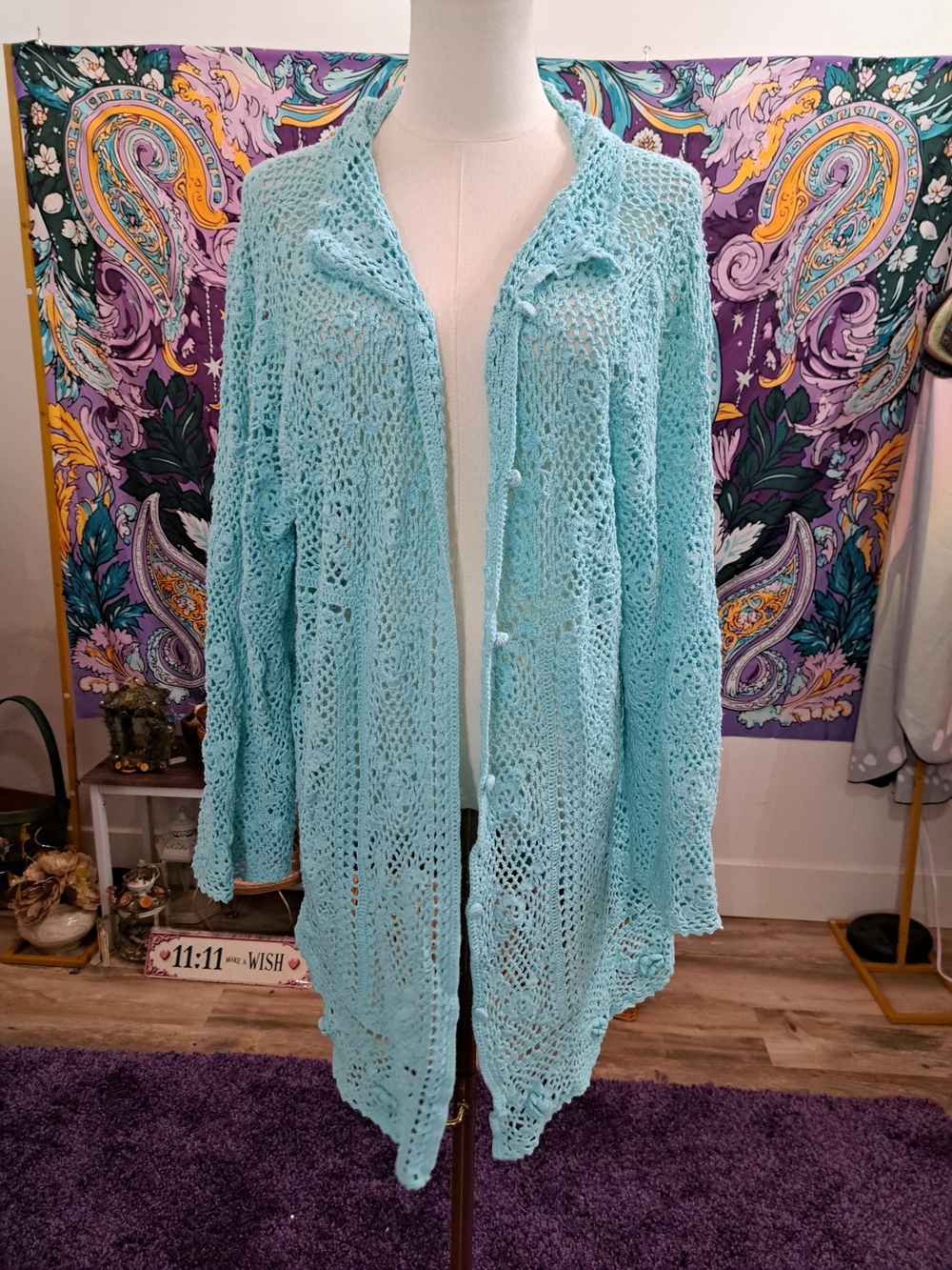 Teal Lace Reverie Crochet Cardigan | Long Openwork Button Front Duster